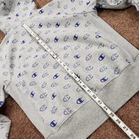 Champion Reverse Weave Mens Medium M Hoodie Sweatshirt Gray Grey Logo All Over - Picture 10 of 12